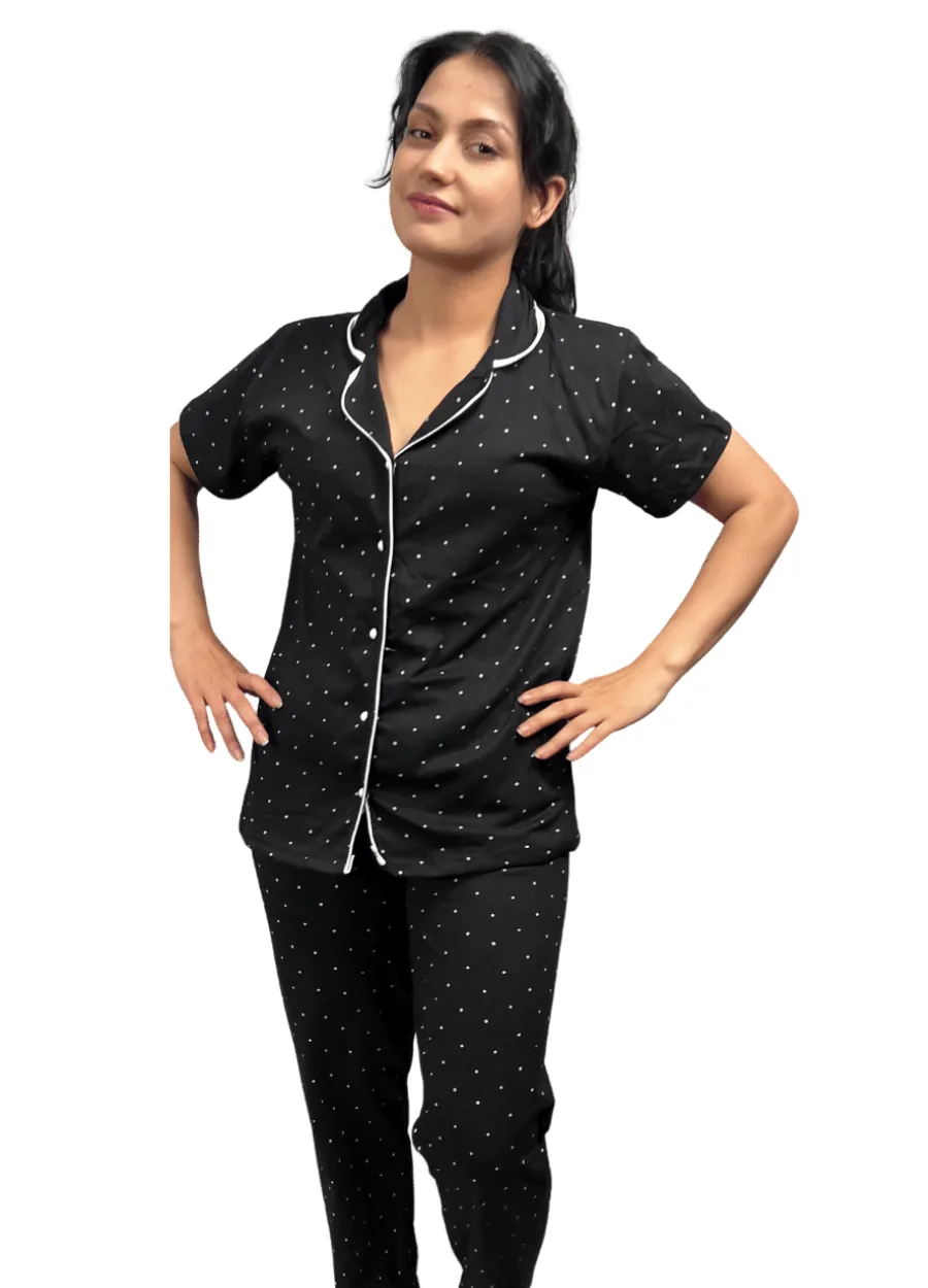 Puantiyeli Düğmeli Kısa Kol Beyaz Çizgili Pijama Takımı