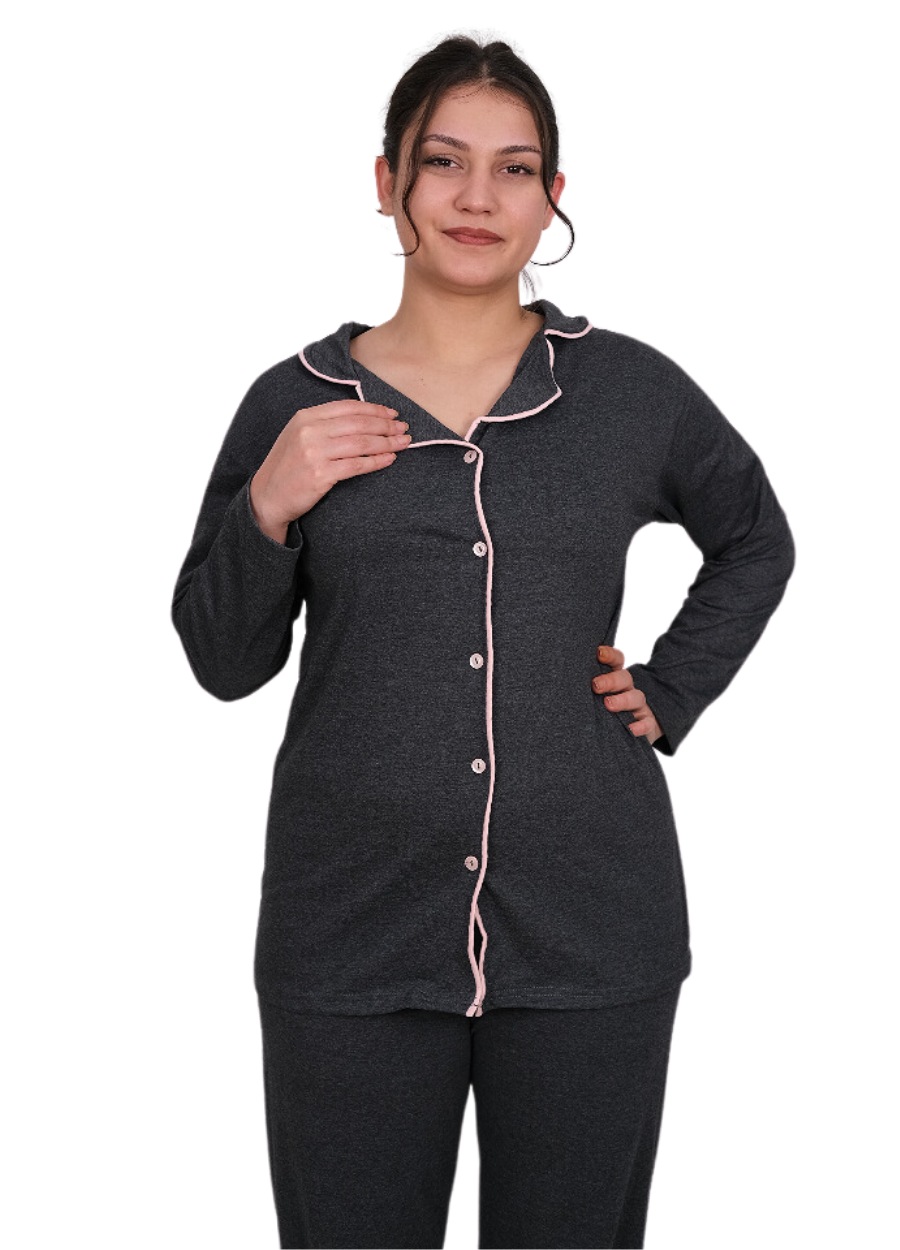 Pembe Çizgi Detaylı Uzun Kol Pijama Takımı