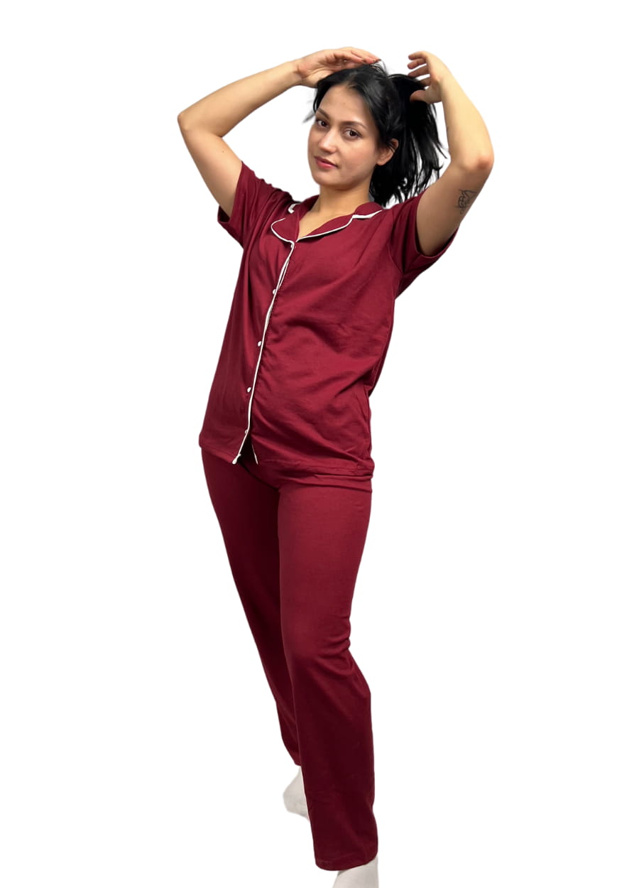 Bordo Düğmeli Kısa Kol Beyaz Çizgili Pijama Takımı
