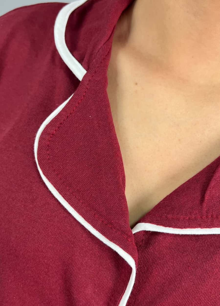 Bordo Düğmeli Kısa Kol Beyaz Çizgili Pijama Takımı
