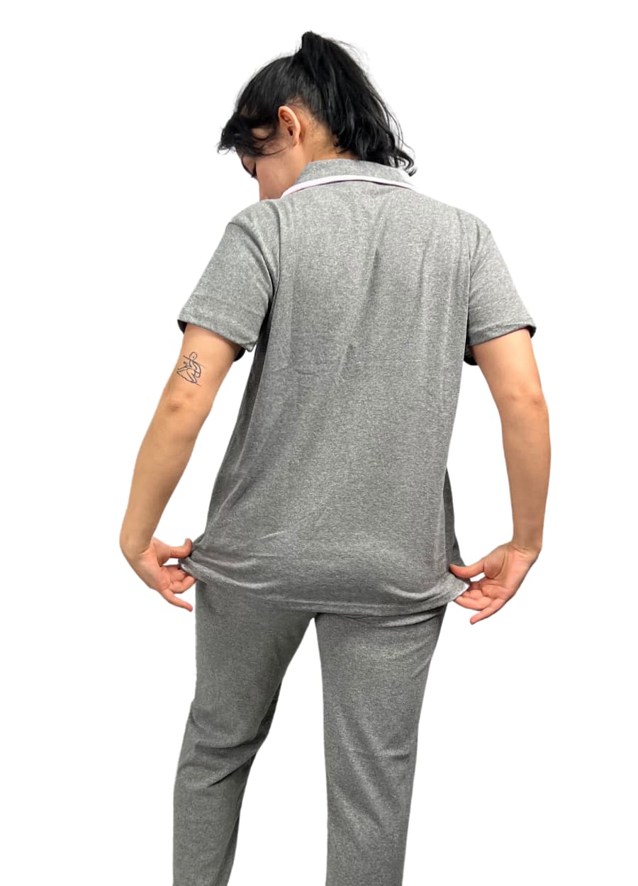 Antrasit Düğmeli Kısa Kol Pembe Çizgili Pijama Takımı
