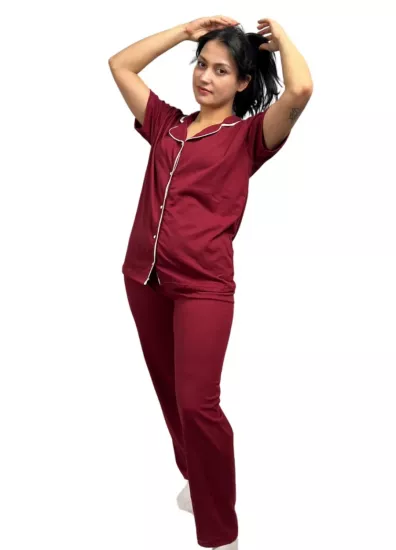 Bordo Düğmeli Kısa Kol Beyaz Çizgili Pijama Takımı