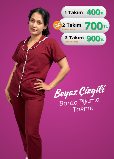 Bordo Düğmeli Kısa Kol Beyaz Çizgili Pijama Takımı