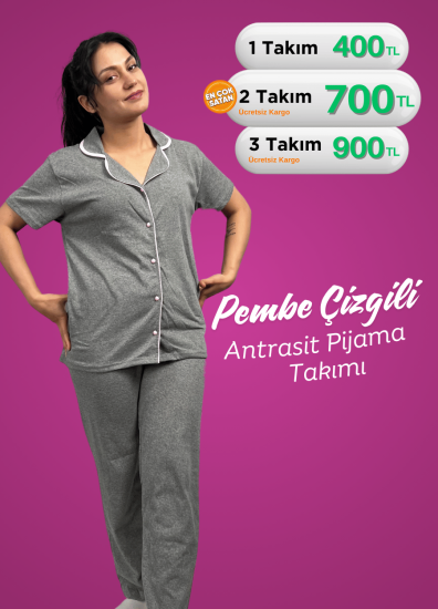 Antrasit Kısa Kol Pembe Çizgili Pijama Takımı