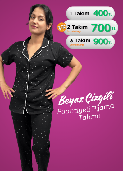 Puantiyeli Kısa Kol Beyaz Çizgili Pijama Takımı