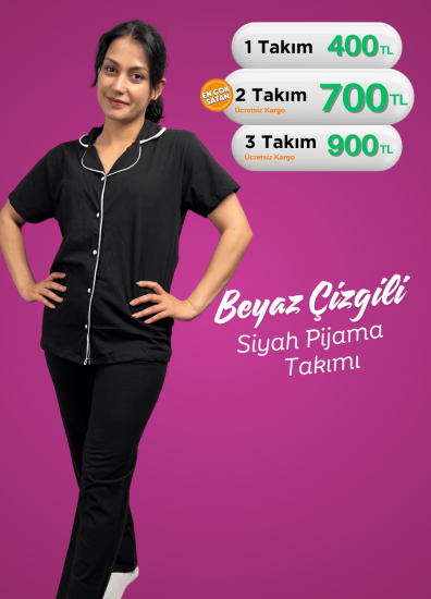 Siyah Düğmeli Kısa Kol Beyaz Çizgili Pijama Takımı
